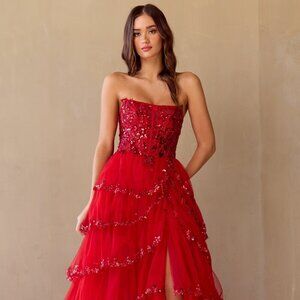 NEW LONG FORMAL STRAPLESS PROM DRESS W/ SCOOP NECK & SEQUINS EMBROIDERY AC 4033